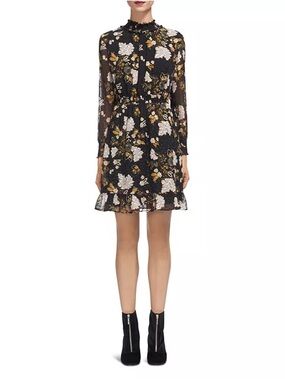 Whistles Silk Belize Botanical Print Long Sleeve Dress